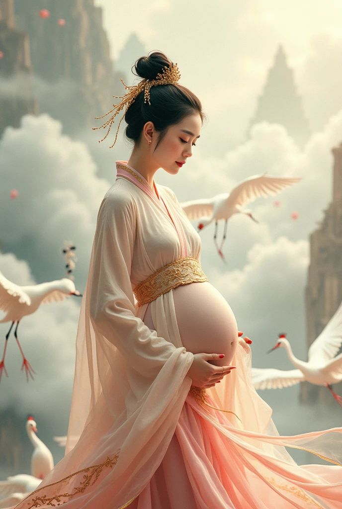 A beautiful maternity pregnant lady dancer in ancient China,delicate lines,gorgeous costumes in ancient China,delicate and vivid,shy face,willow leaf eyebrows,personality depiction,coiled hair,gold leaf,flowing clouds,watercolor,crane surrounding,ink painting,gentle eyes,meticulous, color scheme,exquisite clothing patterns,by Gu, Kaizhi,Zhang Xuan,professional color grading,realistic style,soft shadows,clean and sharp focus,Flim photography,Panoramic View,32K --v 6