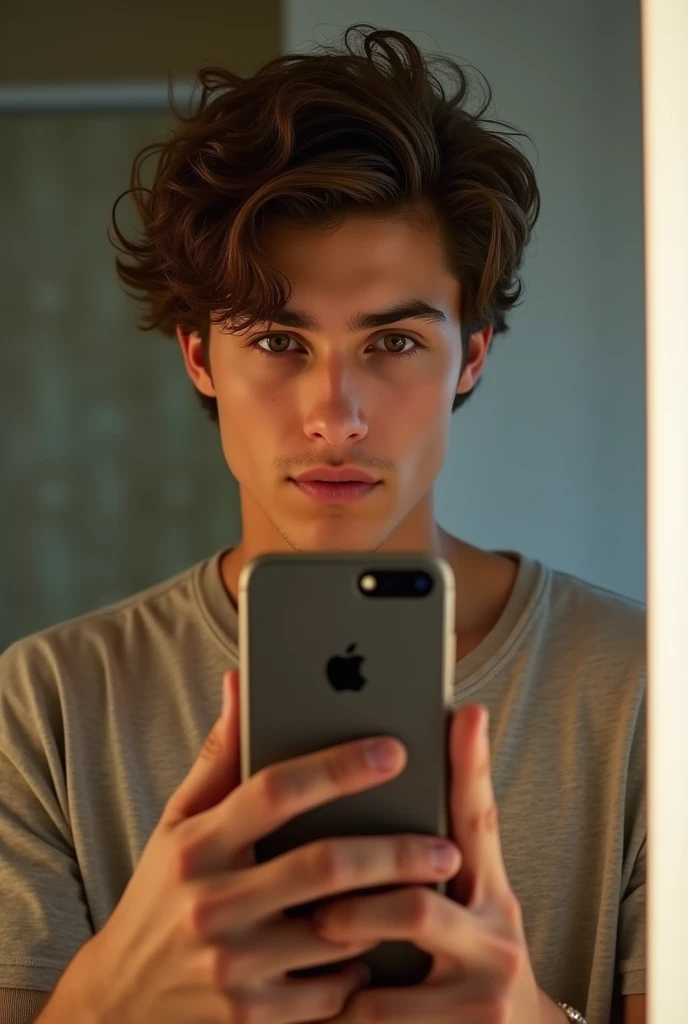 Realistic boy photo like shawn Mendes taking selfie in mirror
