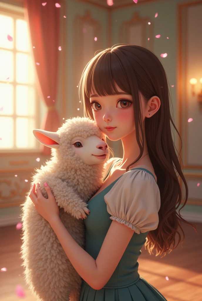 (really)、(photoreallyistic)、sheep. Takagi、1 woman、key: 155cm、long hair、brown hair、Forehead parting、brown eyes、sheep、pieces fly away、whole body、best quality、volume light、Highly Detailed CG Unity 8k Wallpaper、The background is a dance studio.、light、fancy、Magic Spark、Women smell、fart、pudency、blush、There's gas coming out of my butt.、얼굴을 긴장시key다、laborious、whole body写真、high school student、Ass attack、