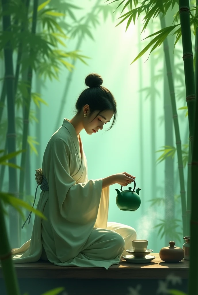 Emerald green but hazy,，Bamboo Indoor，A person holding a teapot pouring tea into an empty cup，Very detailed，HD，Clear details