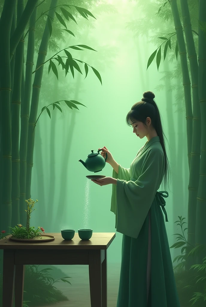 Emerald green but hazy,，Bamboo Indoor，A person holding a teapot pouring tea into an empty cup，Very detailed，HD，Clear details