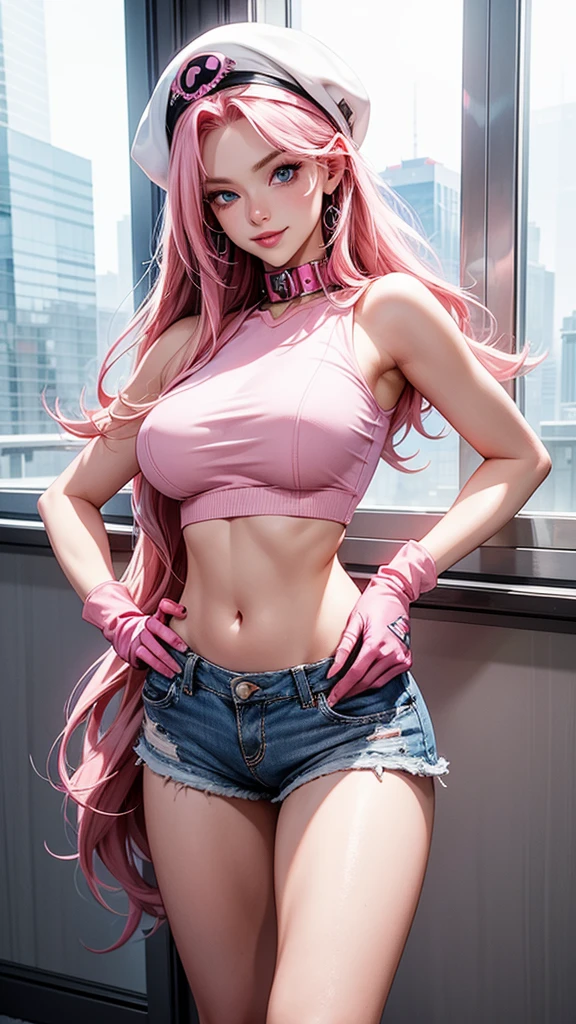 poison,long pink hair, blue eyes,white crop top, pink hat with skull, large breasts, single elbow glove, single thighhigh, collar, short shorts,looking at viewer, serious, seductive smile, standing, hands on hips, inside hotel room, window, cityscape, high quality, masterpiece, 