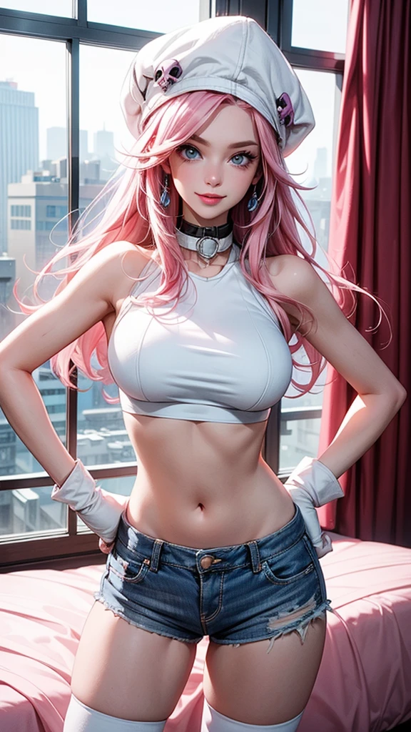 poison,long pink hair, blue eyes,white crop top, pink hat with skull, large breasts, single elbow glove, single thighhigh, collar, short shorts,looking at viewer, serious, seductive smile, standing, hands on hips, inside hotel room, window, cityscape, high quality, masterpiece, 