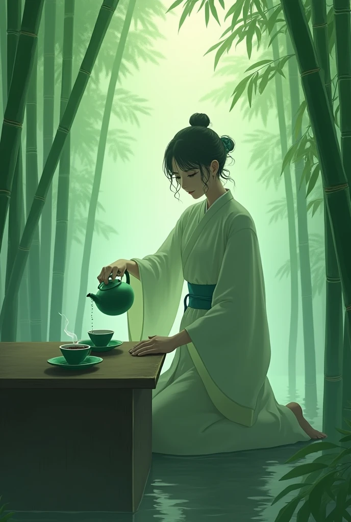 Emerald green but hazy,,Bamboo Indoor,A person holding a teapot pouring tea into an empty cup,Very detailed,HD,Clear details