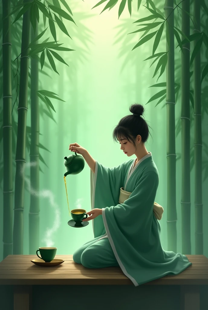Emerald green but hazy,,Bamboo Indoor,A person holding a teapot pouring tea into an empty cup,Very detailed,HD,Clear details