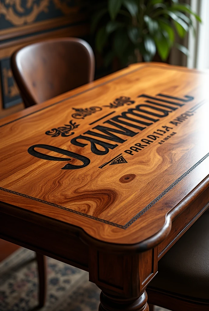 The wooden table displays a refined and high-quality design, standing out for its excellent finish and the beauty of its material. The top, made of solid wood, features a polished finish that highlights the richness of the natural veins and subtle color variations, with a deep brown tone accentuated by golden nuances that reflect the light in a sophisticated way.

Centered on the top, It is recorded "Sawmill Paradise Woods" in large, elegant letters. The inscription is meticulously carved and filled in with black ink., providing a striking contrast with the wood background. The chosen typography is classic and precise, giving an air of professionalism and distinction.

The edges of the top are gently rounded and detailed with carvings that complement the overall finish.. The legs of the table, also made of solid wood, are robust and turned, ending in feet with a polished finish. The structure is designed to ensure stability and durability, making the table not only an aesthetically pleasing piece, but also functional and resistant.