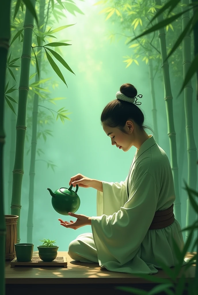 Emerald green but hazy,,Bamboo Indoor,A person holding a teapot pouring tea into an empty cup,Very detailed,HD,Clear details