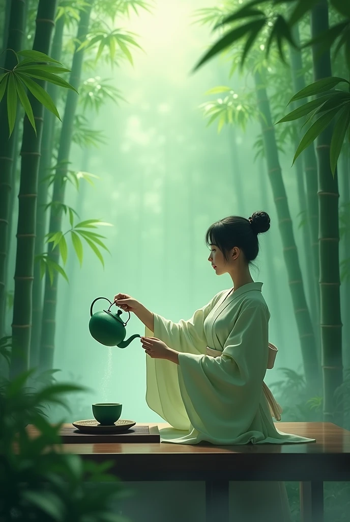 Emerald green but hazy,,Bamboo Indoor,A person holding a teapot pouring tea into an empty cup,Very detailed,HD,Clear details