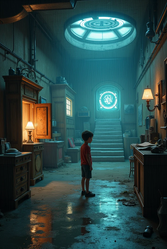 create a picture for this story: Jaro and his journey back in time to the year 2545 It was a rainy afternoon, and Jaro was bored in his room. Outside, raindrops drummed against the window panes, while he was rummaging through his toys. Nothing could capture his attention. “Maybe I’ll find something exciting in the basement”, thought Jaro and made his way down.
The basement was a dark place, full of old boxes, forgotten furniture and dusty memories. Jaro liked the basement, because he often discovered things there, that nobody paid any attention to. This time he remembered an old, heavy cabinet on, who stood at the back wall. It was tall and made of dark wood, with carvings, that looked like mysterious symbols.
Curious, Jaro approached. “What could be behind this?“ he asked himself. With both hands he braced himself against the cupboard and pushed it aside bit by bit. Suddenly he stopped and opened his eyes: Behind the cupboard a small wooden door appeared, that he had never seen before. She was so old, that the paint was peeling off, and in the middle was a strangely curved keyhole.
Jaro did not hesitate and pulled on the rusty door handle. With a quiet squeak the door swung open, and behind it was a stone staircase, which led steeply downwards. A weak, bluish light flickered from the darkness. “It looks like something out of a science fiction movie”, thought Jaro and carefully climbed down the steps.
At the end of the stairs he found himself in an underground room. Futuristic devices and glowing screens were on the walls, that displayed information in an unknown language. In the middle of the room stood a large, metallic platform with a circle of symbols, which pulsatingly lit up.
Jaro stepped closer and discovered an old, dusty notepad on a desk. Curiously, he leafed through the pages and found handwriting