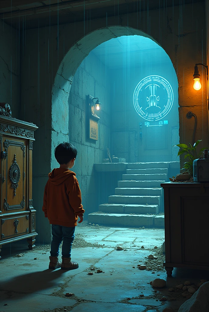 create a picture for this story: Jaro and his journey back in time to the year 2545 It was a rainy afternoon, and Jaro was bored in his room. Outside, raindrops drummed against the window panes, while he was rummaging through his toys. Nothing could capture his attention. “Maybe I’ll find something exciting in the basement”, thought Jaro and made his way down.
The basement was a dark place, full of old boxes, forgotten furniture and dusty memories. Jaro liked the basement, because he often discovered things there, that nobody paid any attention to. This time he remembered an old, heavy cabinet on, who stood at the back wall. It was tall and made of dark wood, with carvings, that looked like mysterious symbols.
Curious, Jaro approached. “What could be behind this?“ he asked himself. With both hands he braced himself against the cupboard and pushed it aside bit by bit. Suddenly he stopped and opened his eyes: Behind the cupboard a small wooden door appeared, that he had never seen before. She was so old, that the paint was peeling off, and in the middle was a strangely curved keyhole.
Jaro did not hesitate and pulled on the rusty door handle. With a quiet squeak the door swung open, and behind it was a stone staircase, which led steeply downwards. A weak, bluish light flickered from the darkness. “It looks like something out of a science fiction movie”, thought Jaro and carefully climbed down the steps.
At the end of the stairs he found himself in an underground room. Futuristic devices and glowing screens were on the walls, that displayed information in an unknown language. In the middle of the room stood a large, metallic platform with a circle of symbols, which pulsatingly lit up.
Jaro stepped closer and discovered an old, dusty notepad on a desk. Curiously, he leafed through the pages and found handwriting