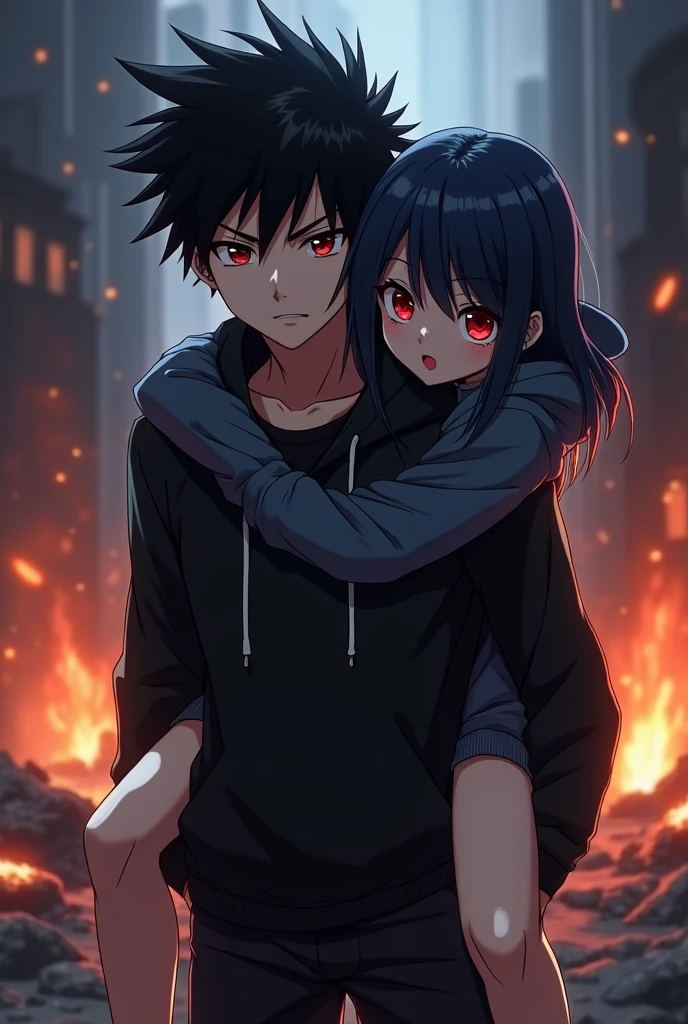 A boy ((( Anime boy , Spiky hair , black hair , black hoodie , blood red eyes , narrowed eye
 ))) , A girl ((( Anime girl , dark blue hair , modern day mullet hair style , black hoodie , red eyes , almond eye ))) , boy carrying girl , girl behind boy , piggy back ride , dark background , fire in background , destructive background