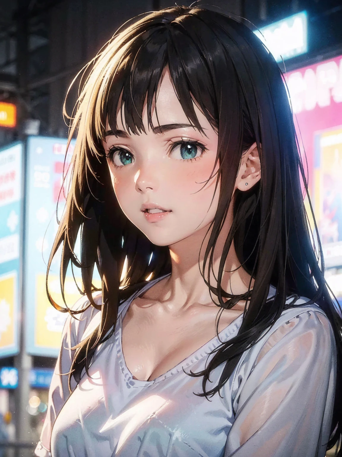 realistic photoghraphy, masterpiece, highres, screen shot, best quality, 1girl, (scar on left eye), white cropped jacket, highly detailed, rule of thirds, jewelry, long hair, bangs, hair between eyes, raw photo, shallow depth of fields