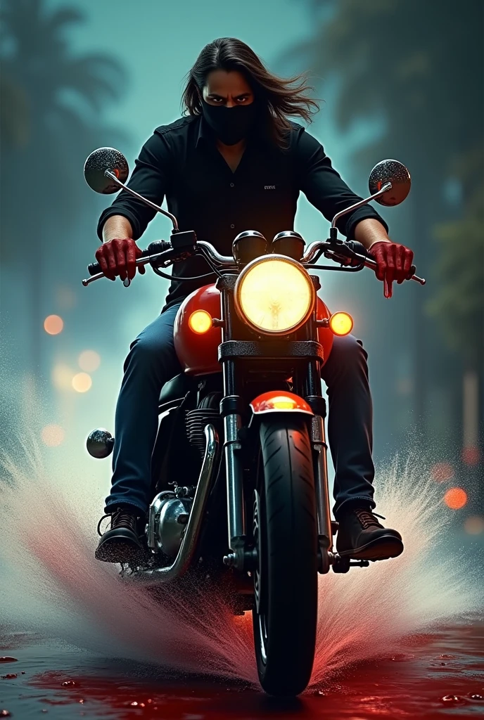 30 years Indian man is riding on royal Enfield bike very angry, he wears black shirt,blue jeans, stylish shoes, had long style hair. this is at night time, strong wind is there. His palm of hand covered with blood. His face is hidden with kerchief, blood water is splashes with bike.