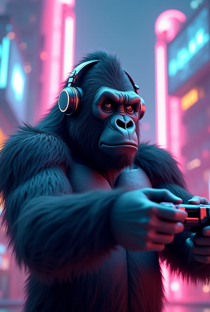 A gorilla wearing headphones and a controller avatar
