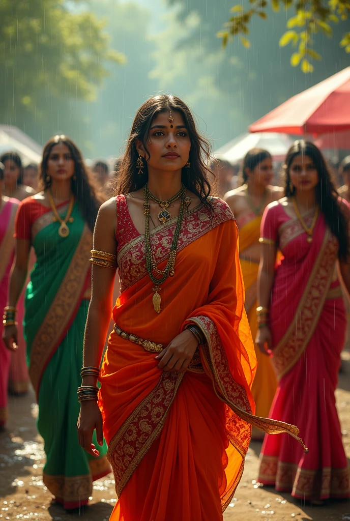 A sexy indian village fair colour women wearing saree with heavy buttock,village men watching her back,trees,rain,
