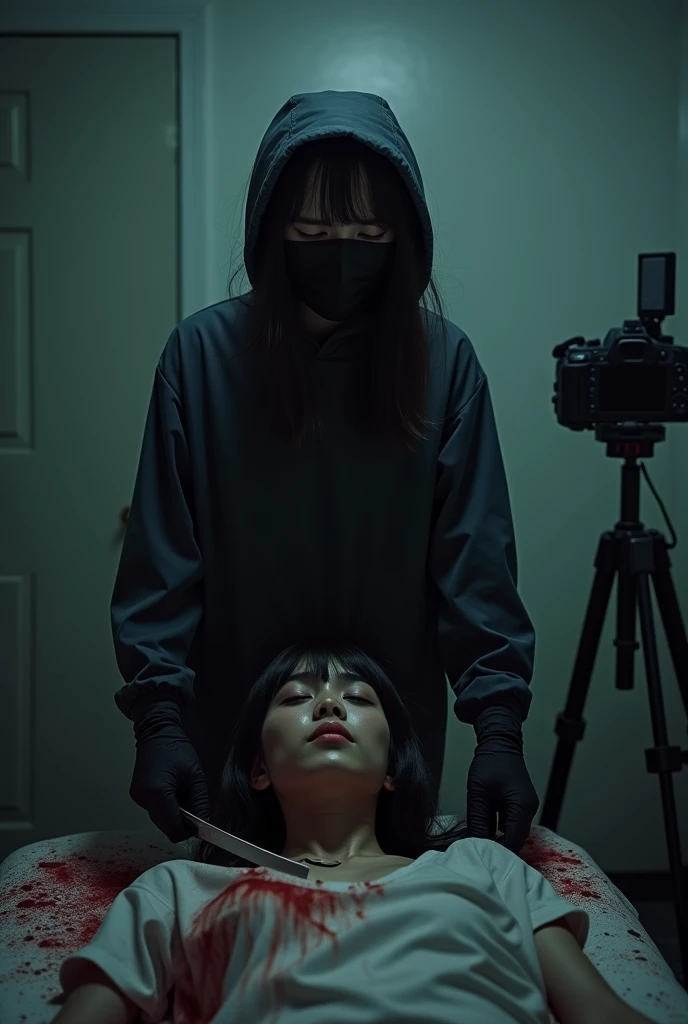 korean girl, (behind stiff, holding knife), black surgical mask, black gloves, room, black raincoat, bucket hat, holding knife, black gloves, woman on top, behind cadaver, blood splatter, bed room, night, mass murderer, killer, long bangs, blood splatter, dark atmosphere, cinematic lighting, atmospheric realistic, tripod and camera in the back, shooting with camera