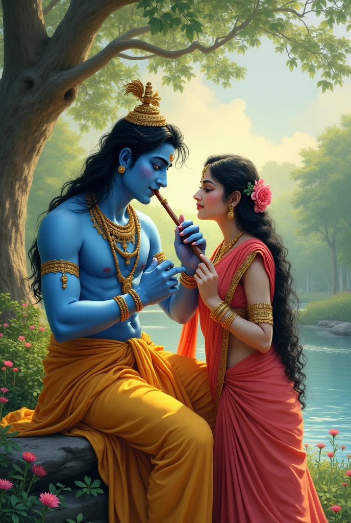 Create an image male character Lord Krishna and girl name harini in a song from uthamaputhiran - kan irandil