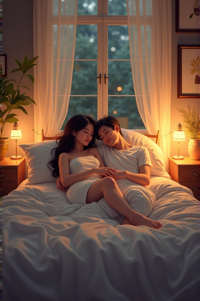 at bedroom, 1boy and 1girl, Looking at Viewer, Seated couple, Atmosphere of love, lingerie, blush,