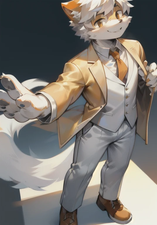 high quality，masterpiece，White fur，Orange fur，Handsome，hansome，Silver hair，White male cat，Wearing a suit，full-body shot，stand up