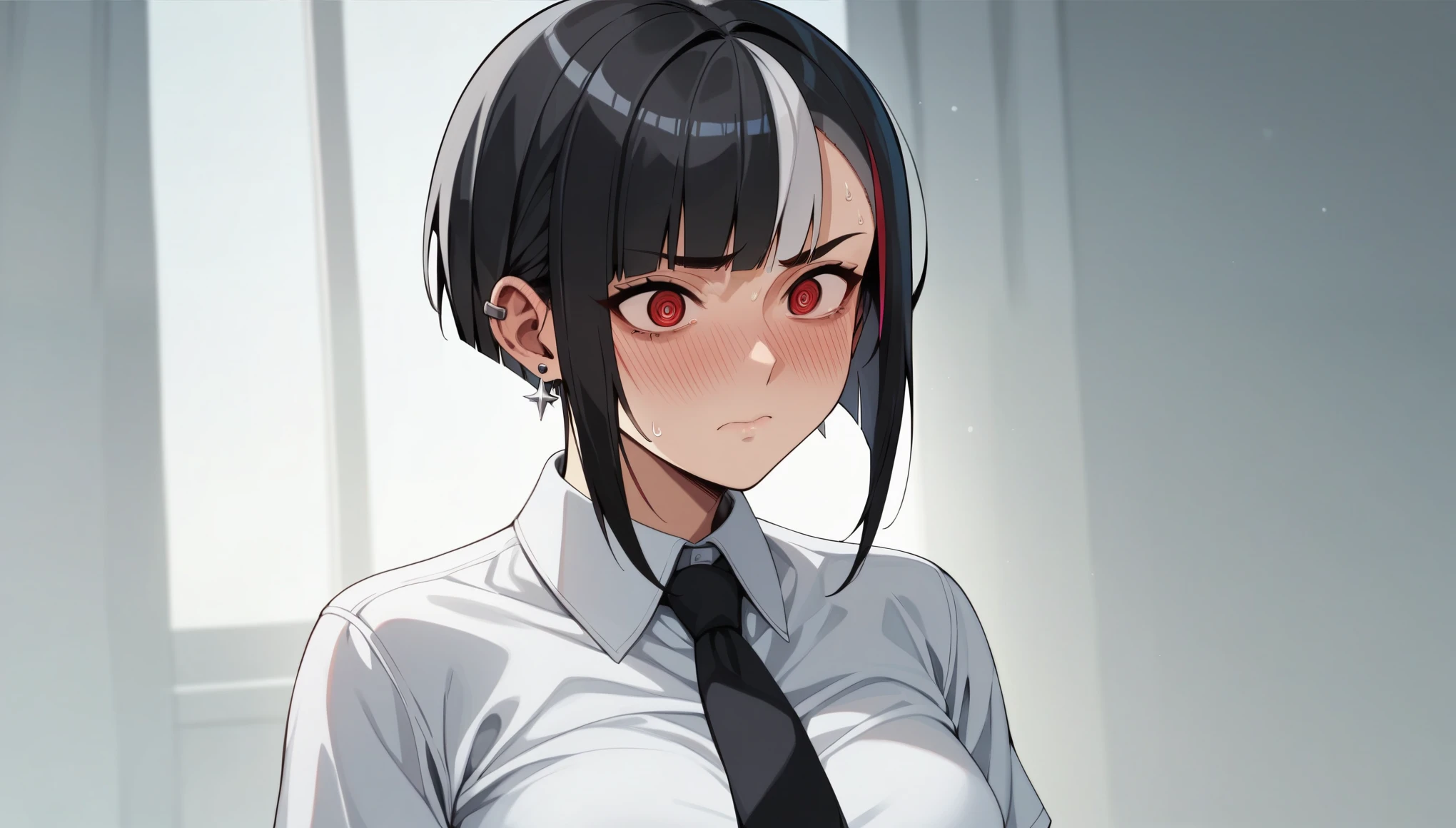 Embarrassed、Embarrassing、cyber punk、1girl、black hair, ((highlights hair, silver streaked hair))、blunt bangs、White shirt、Black tie、Pleated skirt、Red Eyes、Korean、Downtown at night、Slam Dunk、Straight Hair、Bobcut、Earrings