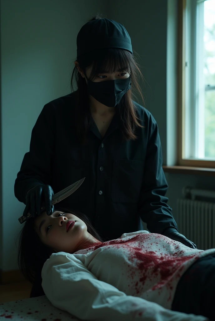 korean girl, (behind stiff, holding knife), stabbing, black surgical mask, black gloves, black raincoat, trucker hat, holding knife, black gloves, woman on top, behind cadaver, blood splatter, torture, looking at viewer, mass murderer, killer, low ponytail, blood splatter, dark atmosphere, cinematic lighting, atmospheric realistic, light from the window,