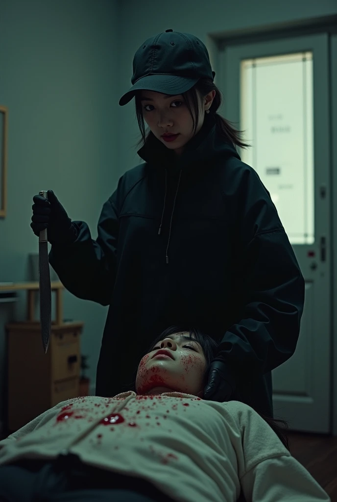 korean girl, (behind stiff, holding knife), stabbing, black surgical mask, black gloves, black raincoat, trucker hat, holding knife, black gloves, woman on top, behind cadaver, blood splatter, torture, looking at viewer, mass murderer, killer, low ponytail, blood splatter, dark atmosphere, cinematic lighting, atmospheric realistic, light from the window,
