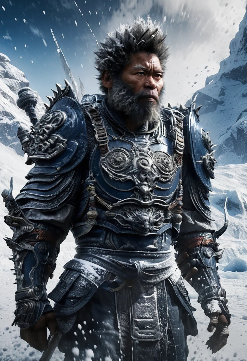 aiyouxiketang, a movie poster with a sci-fi,future context. A man,snow mountain,glacier,wearing blue and white metal armor,falling snow,wind,best quality,highres,extremely detailed CG,perfect lighting,8k wallpaper, Ray tracing,UE5,C4d, Centered prominently in bold, Monsterazor font, the title CYBERKONG should stand out, reflecting the futuristic theme, In elegant, stylized font, include the text: MOVIE by JAY HUANG. At the bottom of the poster, include the release date 22.09.2024 in a clean, modern font.The poster should have a cinematic and futuristic feel, drawing viewers into the enchanting world of space exploration while highlighting the joyful spirit of Black Myth Wukongs journey.