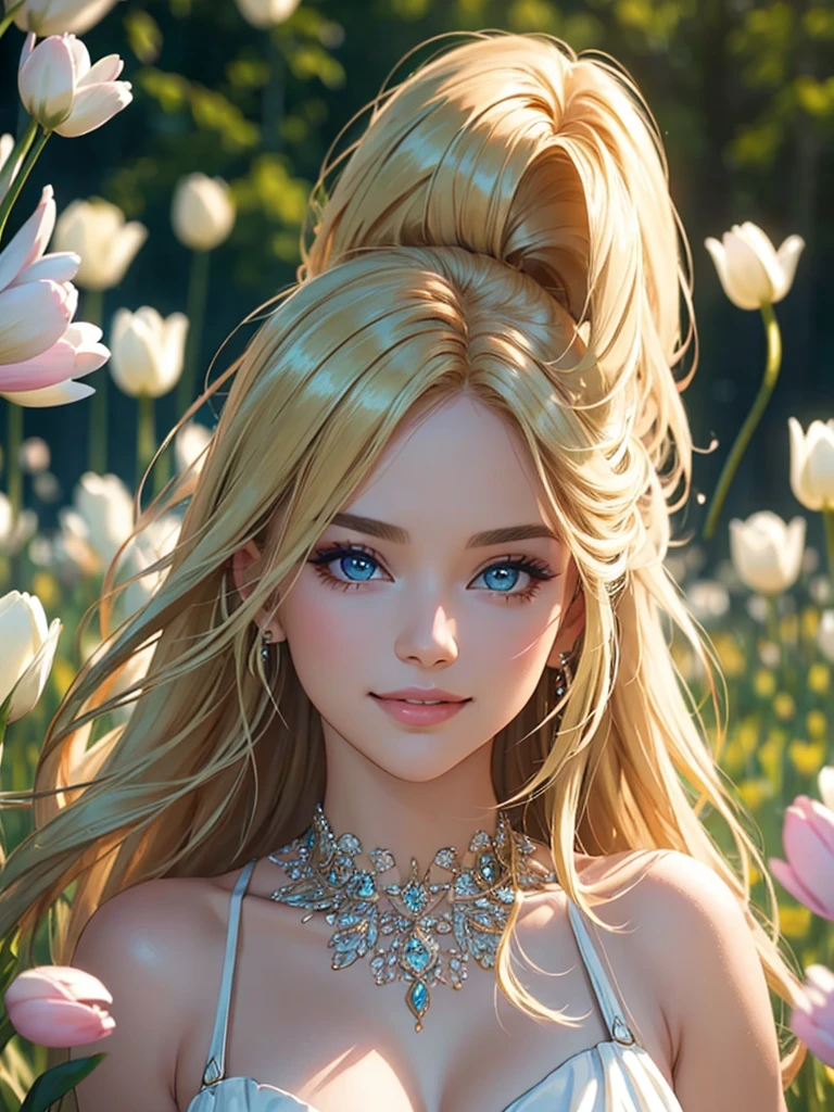 (Best quality,ultra detailed,photorealistic:1.37),Bright and rich colors,studio lighting,playful facial expression,stylish makeup,Long blonde hair fluttering in the wind,inviting eyes,glossy lips,sexy pose, Tulips, I smile confidently and seductively,posing for a professional photo shoot,shallow depth of field,highlighting the main subject,soft natural light,Creating a dreamy and magical atmosphere.