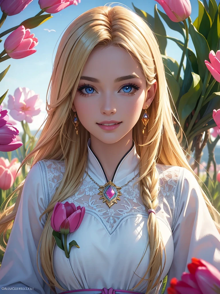 (Best quality,ultra detailed,photorealistic:1.37),Bright and rich colors,studio lighting,playful facial expression,stylish makeup,Long blonde hair fluttering in the wind,inviting eyes,glossy lips,sexy pose, Tulips, I smile confidently and seductively,posing for a professional photo shoot,shallow depth of field,highlighting the main subject,soft natural light,Creating a dreamy and magical atmosphere.