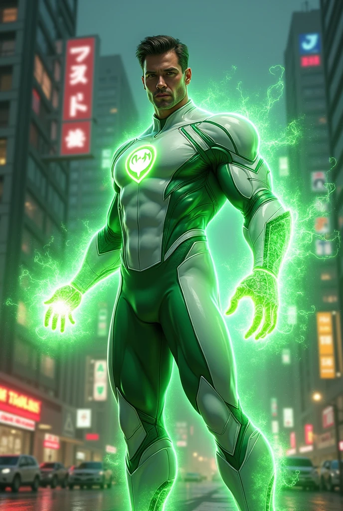 A superhero, naughty man, with healing power and a green power coming out of his hands and with white and green clothes