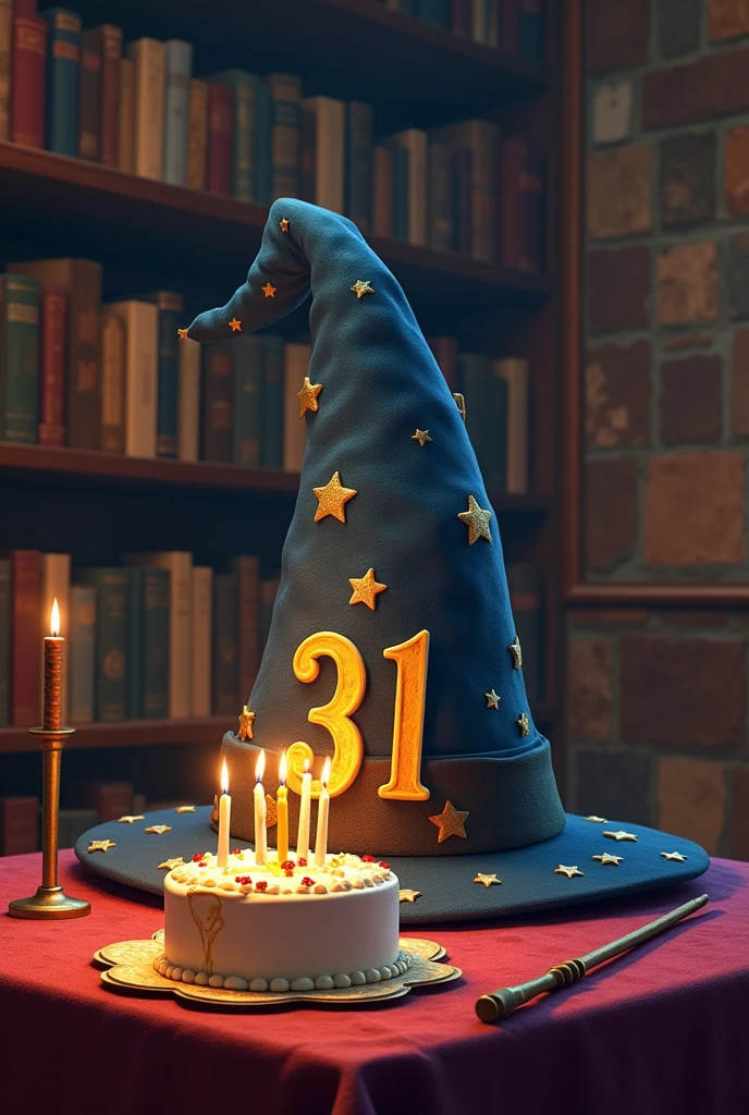 A Harry Potter-themed birthday card with the text "Feliz cumpleaños" (Happy birthday in Spanish). There is a hat with the number "31" on a table. There are candles on the cake. There is a wand next to the hat. The background is a room with bookshelves.