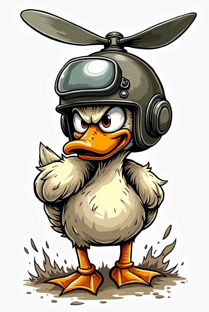 Make an illustration for a sticker, of an angry duck wearing a helmet without a visor, with a propeller on top, do well in graffiti and drawing style