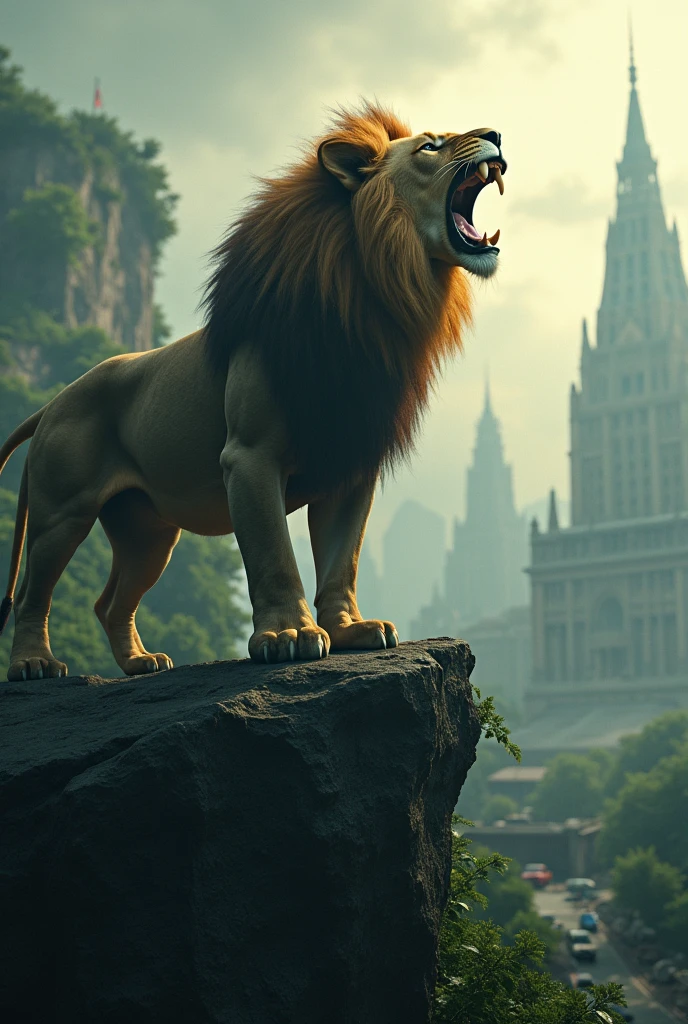 Make an imposing lion roaring full body sideways in the jungle on top of the rock looking at the city from above with destroyed buildings around, destroyed cars and in the forest magical fantasy light around the place little lighting blurred image behind cinematic ultra realistic