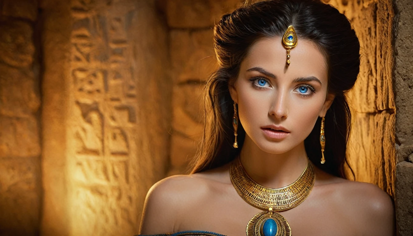 A young woman with piercing blue eyes and long, flowing dark hair gazes directly at the viewer with a subtly surprised expression, her lips slightly parted as if about to reveal a secret. She's adorned with shimmering gold jewelry reminiscent of ancient Egyptian designs, contrasting beautifully against her dark, flowing dress. Behind her, hieroglyphs glow faintly on a weathered stone wall, bathed in a beam of warm, ethereal light that creates an aura of mystery and intrigue. The overall palette is rich in golds, blues, and warm earth tones, drawing the viewer's eye to the woman's captivating gaze. The image is sharply focused with a shallow depth of field, blurring the background slightly to emphasize the woman and her enigmatic expression. Shot with a 35mm lens for a cinematic feel.