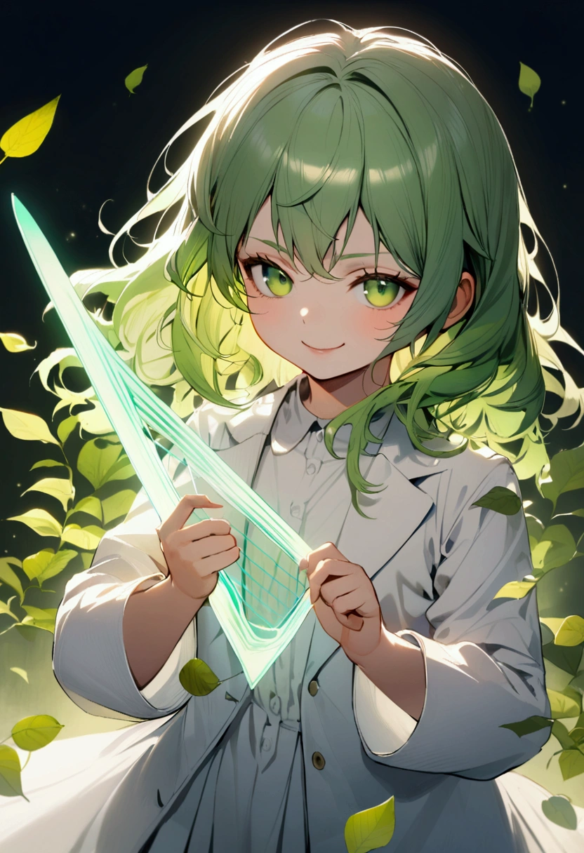 child girl, tidy hair, medium length hair, multicolored white and green hair, innocent smirk, greeneyes, white shirt, school blue jacket, white tattoos on the body, holding a magic harp, leaf aura