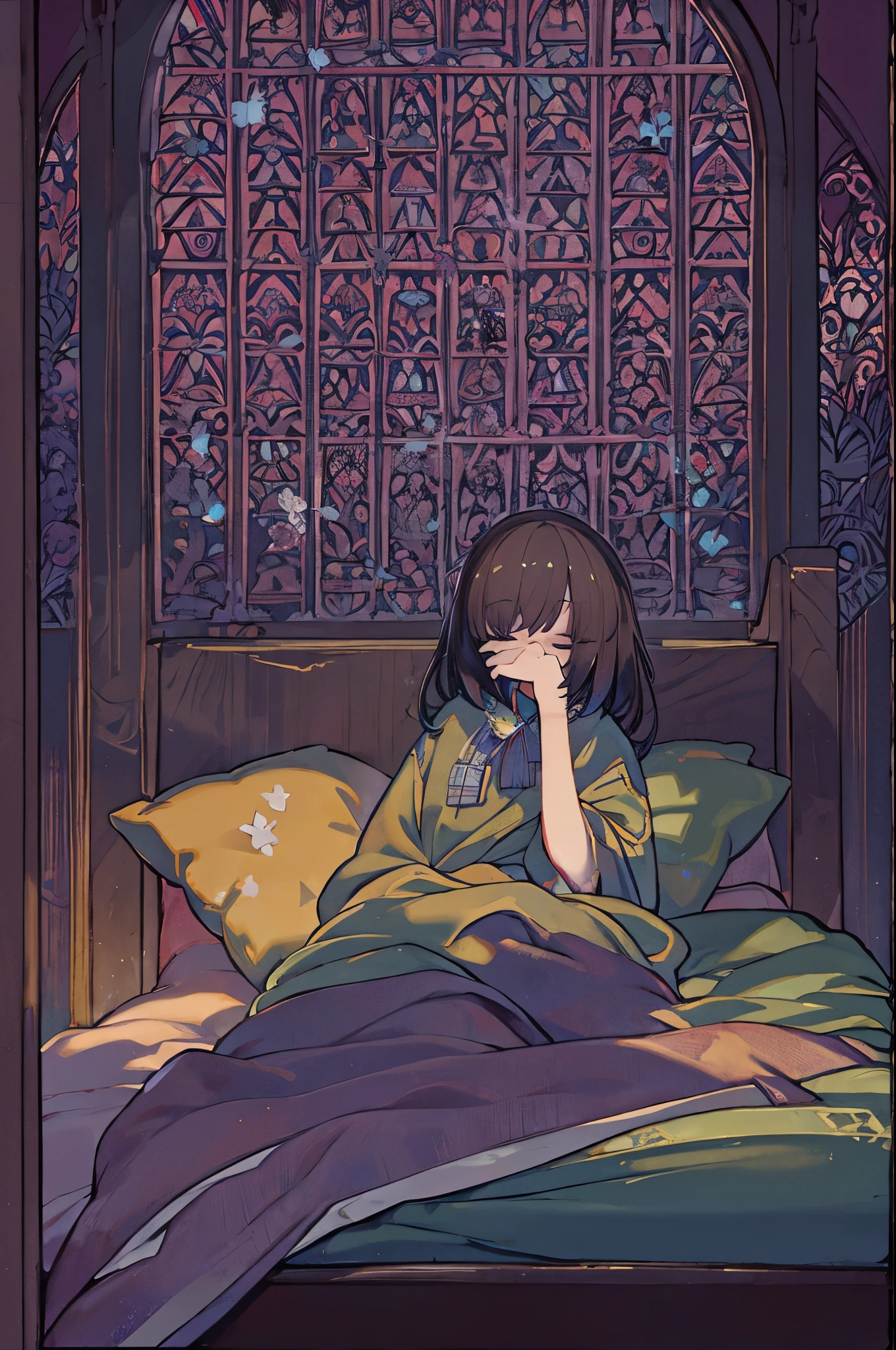 Tabletop, Highest quality, 1 person, alone, effect, Dark Background, Sleeping in bed with a sleepy face