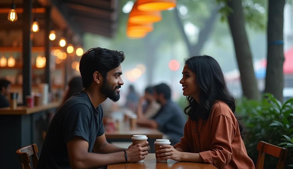 A boy age 27 south India from andhrapradesh wear jeans and t-shirt dusky skin and he came to a coffee shop and there was a girl age 25 north India from mumbai looks very modern she wears western dress looks very beautiful and active both of them were accidentally collided inside a coffee shop with full crowd and outside the weather was cloudy and drizzling