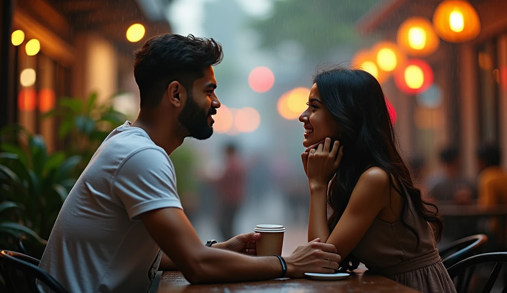 A boy age 27 south India from andhrapradesh wear jeans and t-shirt dusky skin and he came to a coffee shop and there was a girl age 25 north India from mumbai looks very modern she wears western dress looks very beautiful and active both of them were accidentally collided inside a coffee shop with full crowd and outside the weather was cloudy and drizzling