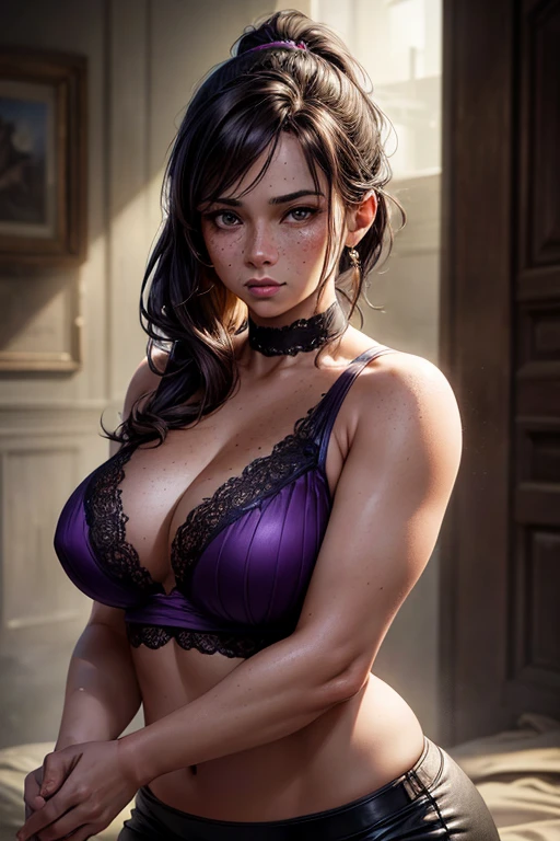 a woman in her late 30s, chubby physique, long straight dark brown hair, high ponytail, freckles, flushed cheeks, wearing a choker, ?????????????, curvy figure, tied purple t-shirt (braless) small purple lycra shorts, (best quality,4k,8k,highres,masterpiece:1.2),ultra-detailed,(realistic,photorealistic,photo-realistic:1.37),detailed portrait, cinematic lighting, natural skin texture, intricate details, dramatic colors, moody atmosphere, seductive pose