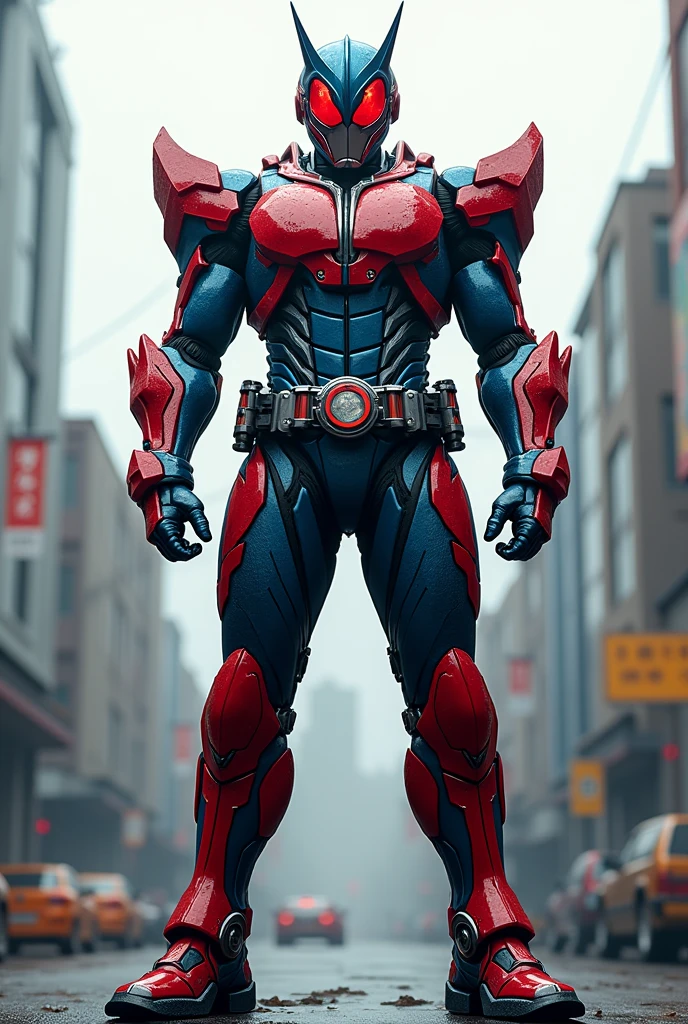Realistic kamen rider in real life with full body armor. Full coated body armor. Colour red, blue and black
