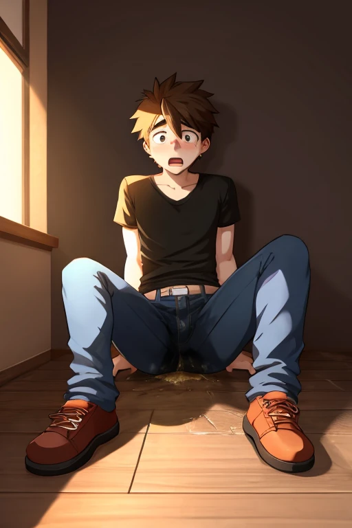 21 year old man accidentally pees his pants while sitting on the floor with his legs spread, scared