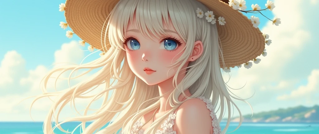 a delicate and ethereal illustration of a young woman with flowing platinum blonde hair, gently swaying in the breeze. She is adorned with a wide-brimmed straw hat, decorated with white and pale blue flowers, evoking a serene, summery atmosphere. The scene is set against a soft, pastel-colored seaside background, with subtle light play emphasizing her porcelain-like skin. Her large, expressive blue eyes are filled with a calm, reflective gaze, and her attire is a white, lacy dress with floral embellishments, enhancing the airy and tranquil mood. The overall style is highly detailed, with a focus on soft, diffused lighting, creating a dreamlike, almost otherworldly ambiance. The image captures a moment of quiet introspection, blending realistic elements with a slight touch of anime-inspired aesthetics.