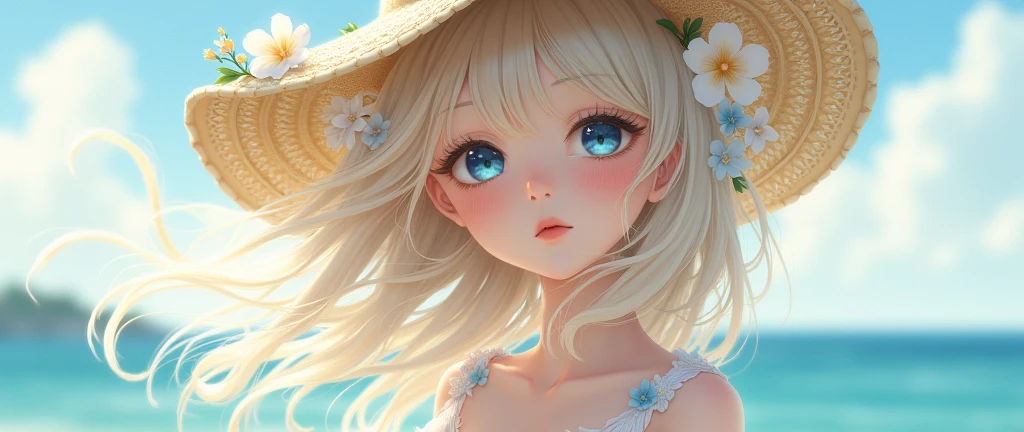 a delicate and ethereal illustration of a young woman with flowing platinum blonde hair, gently swaying in the breeze. She is adorned with a wide-brimmed straw hat, decorated with white and pale blue flowers, evoking a serene, summery atmosphere. The scene is set against a soft, pastel-colored seaside background, with subtle light play emphasizing her porcelain-like skin. Her large, expressive blue eyes are filled with a calm, reflective gaze, and her attire is a white, lacy dress with floral embellishments, enhancing the airy and tranquil mood. The overall style is highly detailed, with a focus on soft, diffused lighting, creating a dreamlike, almost otherworldly ambiance. The image captures a moment of quiet introspection, blending realistic elements with a slight touch of anime-inspired aesthetics.