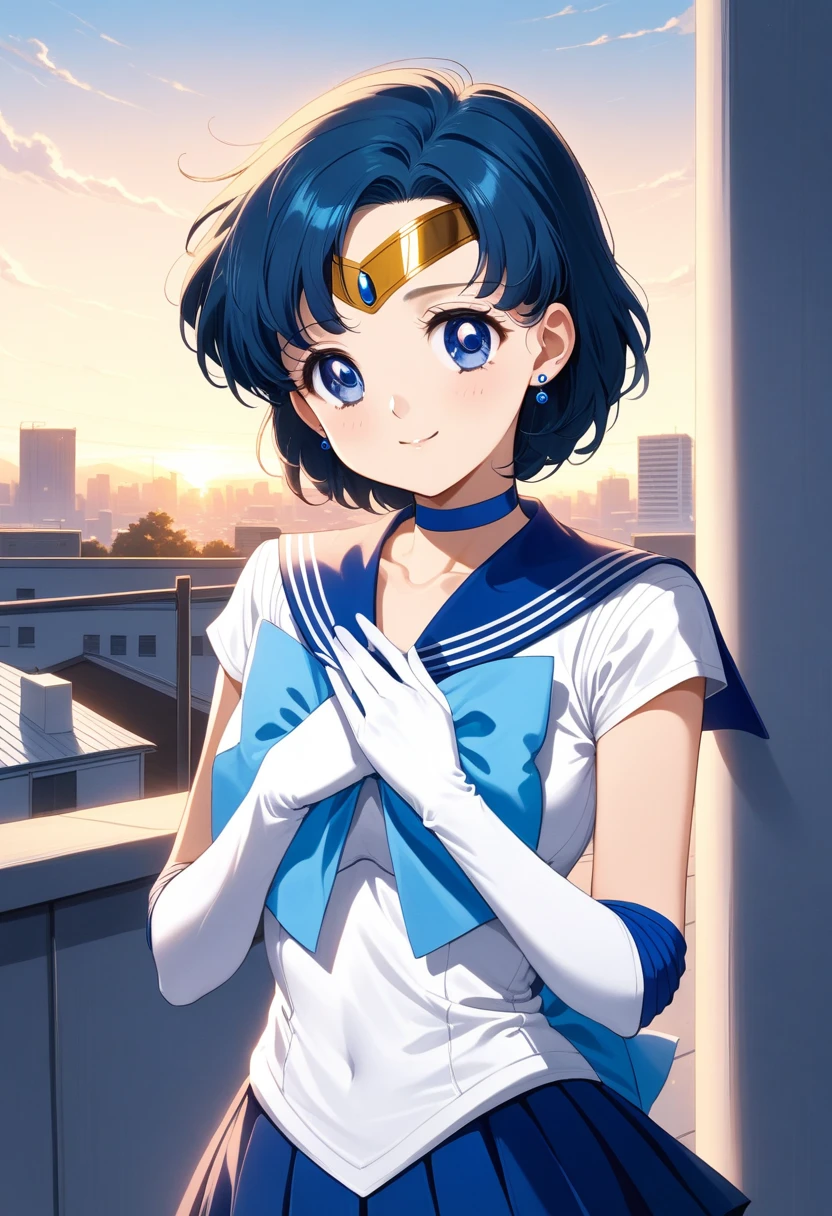 One girl,alone,Sailor Warrior Uniform,gloves,Magical girl,blue eyes,skirt,choker,bow,short hair,tiara,Blue Hair,jewelry,elbow gloves,Sailor collar,white gloves,Sailor Mercury,Earrings,blue skirt,smile,blue Sailor collar,full moon,blue choker,water野亜美,brooch,Place your hand on your chest,pleated skirt,Circlet,water,null,View your viewers,1990s \(style\),retro artstyle,