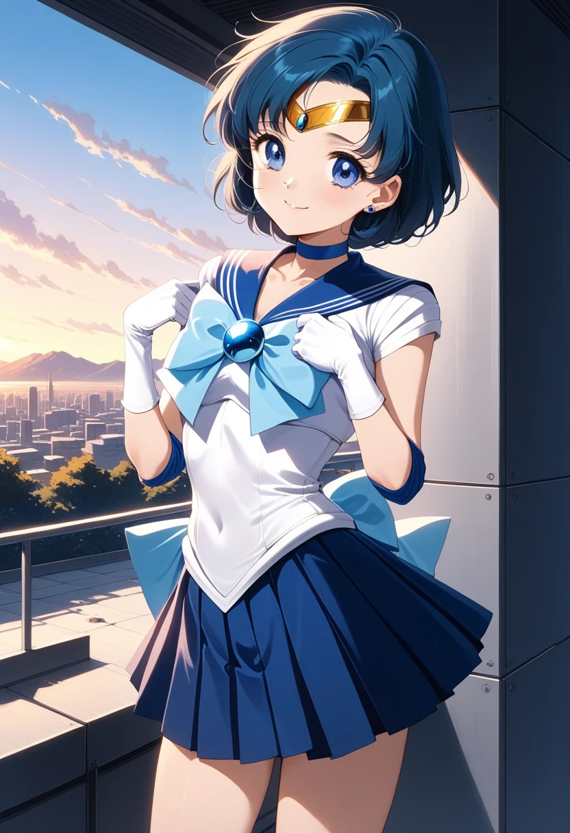 (masterpiece, Highest quality, so beautiful, Super detailed), Intricate details, 4K, mercury, short hair, Blue Hair, tiara, Earrings, blue eyes, Blue choker, Blue sailor collar, Blue bow tie, White shirt, Elbow hand pockets, White gloves, Pleated skirt, Blue Skirt, smile,  ((Winter Night、With the sunset and the fence behind、Receiving a confession on the school rooftop。そのsmileに一番近づいた:1.1), (Place your hands on your chest:1.3)), (cinematic angle:1.1),