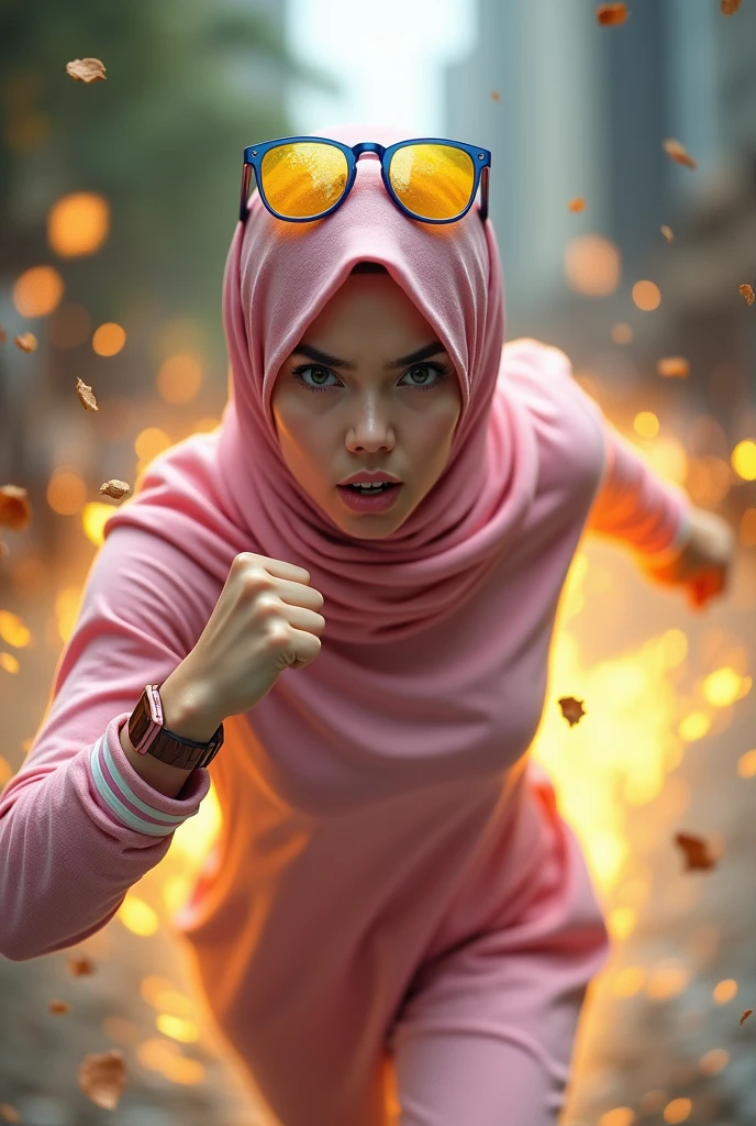 Malaysia women a realistic masterpiece. Human . 1girl wearing a hijab, detailed beautiful face, Hijab Muslim. Wear long sleeve moder design white pink stripe white, minimalist flower on shirt. Enger face. Open mouth. Glowing power pink. . Wear pink white.small Safety Pink google spectacle top of the head rubber band. Flying punch robot. Fast fly. Panning effect Photography . Jump on and have a super strong power.. punch . Fight pose. Bokeh background. At the city. Bad waether. , detailed lips, long eyelashes. Hero, modest expression, delicate facial features, natural skin tones, , detailed folds and textures of hijab, natural lighting, high quality, photorealistic, 8k, best quality. Malaysia girl. Floating small stone and dry leave.