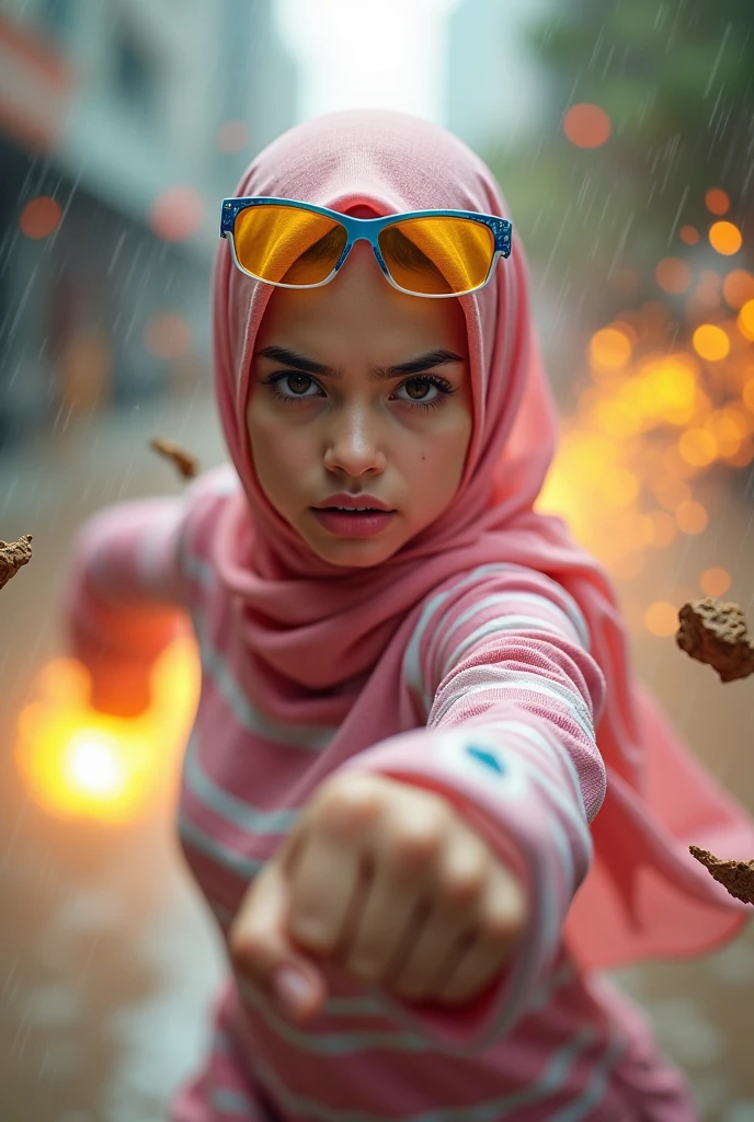 Malaysia women a realistic masterpiece. Human .wear pint watch.. 1girl wearing a hijab, detailed beautiful face, Hijab Muslim. Wear long sleeve moder design pink white pink stripe white. anger face, minimalist flower on shirt. Enger face. Open mouth. Glowing power pink. . Wear pink white.small Safety Pink yellow glasses google spectacle top of the head rubber band. Age 15 year old. Flying position. Fast fly. Panning effect Photography . Jump on and have a super strong power.. punch . Fight pose. Bokeh background. fist front.. At the city. Bad waether. , detailed lips, long eyelashes. Hero, modest expression, delicate facial features, natural skin tones, , detailed folds and textures of hijab, natural lighting, high quality, photorealistic, 8k, best quality. Malaysia girl. Floating small stone and dry leave. ). Running effect. Glowing yellow power. Runfast effect. Wear blue big glasses big frame. Braces teeth. Boleh background. Panning effect.pink high tech watch.
