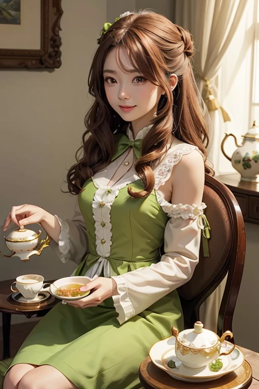 Chestnut Hair。Half-up wavy long。
Peridot&#39;s Eyes。A gorgeous and beautiful person。A mysterious atmosphere like the goddess of spring or the spirit of flowers.。Lady in a bright green dress。With her eyes lowered and shy,。He frowns in a troubled manner and laughs.。
Attending an afternoon tea party and enjoying tea from elegant teacups。