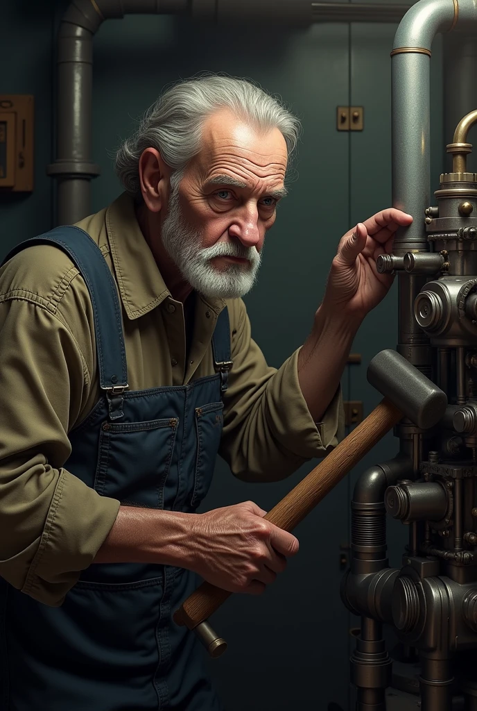 A skilled elderly engineer sits with a hammer in hand carefully observing a ship's engine






