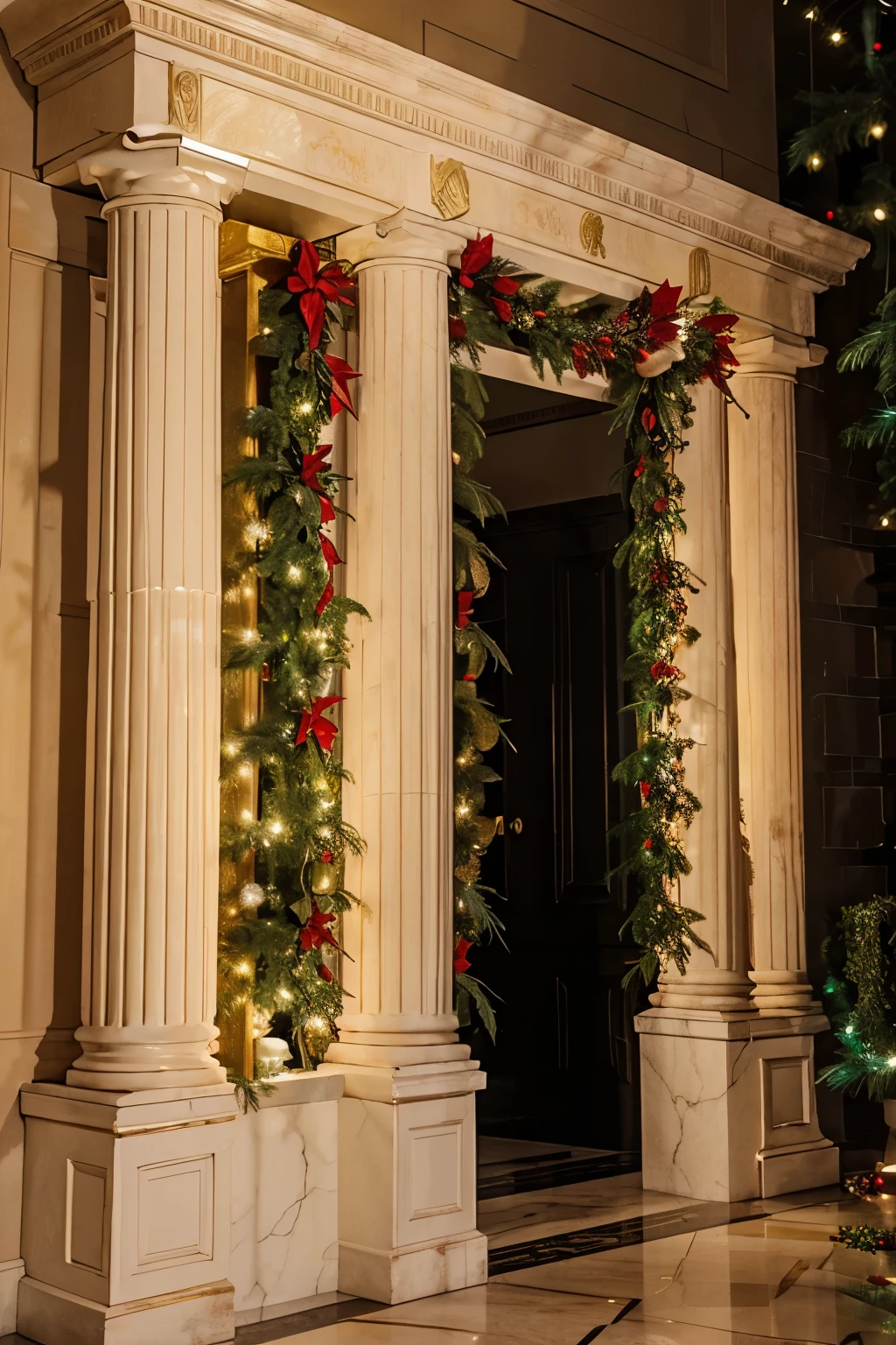 Christmas decoration with golden rectangular column, decorated with garland and lots of red poinsettia Christmas flowers, warm christmas lights, to be placed in front of a black marble wall